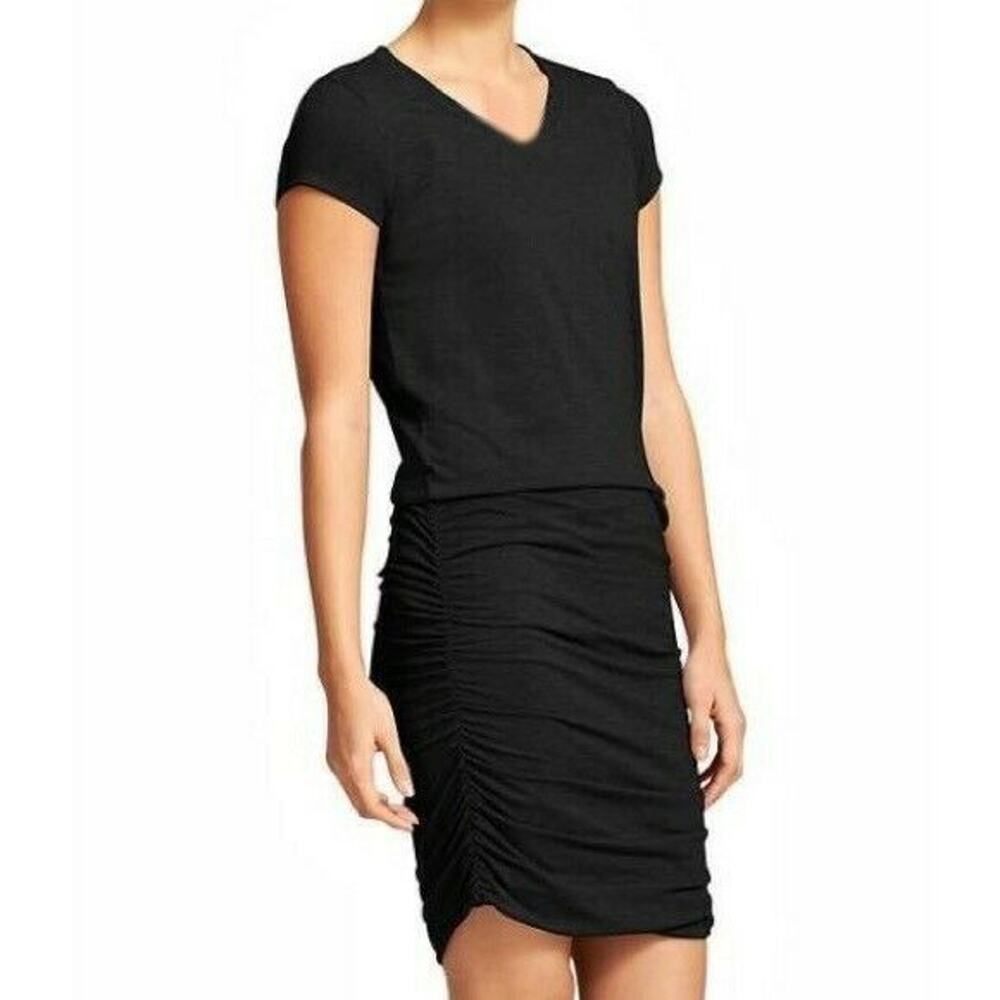 Athleta Topanga Ruched T-Shirt Dress S Black V-Neck Fitted Skirt Stretch
